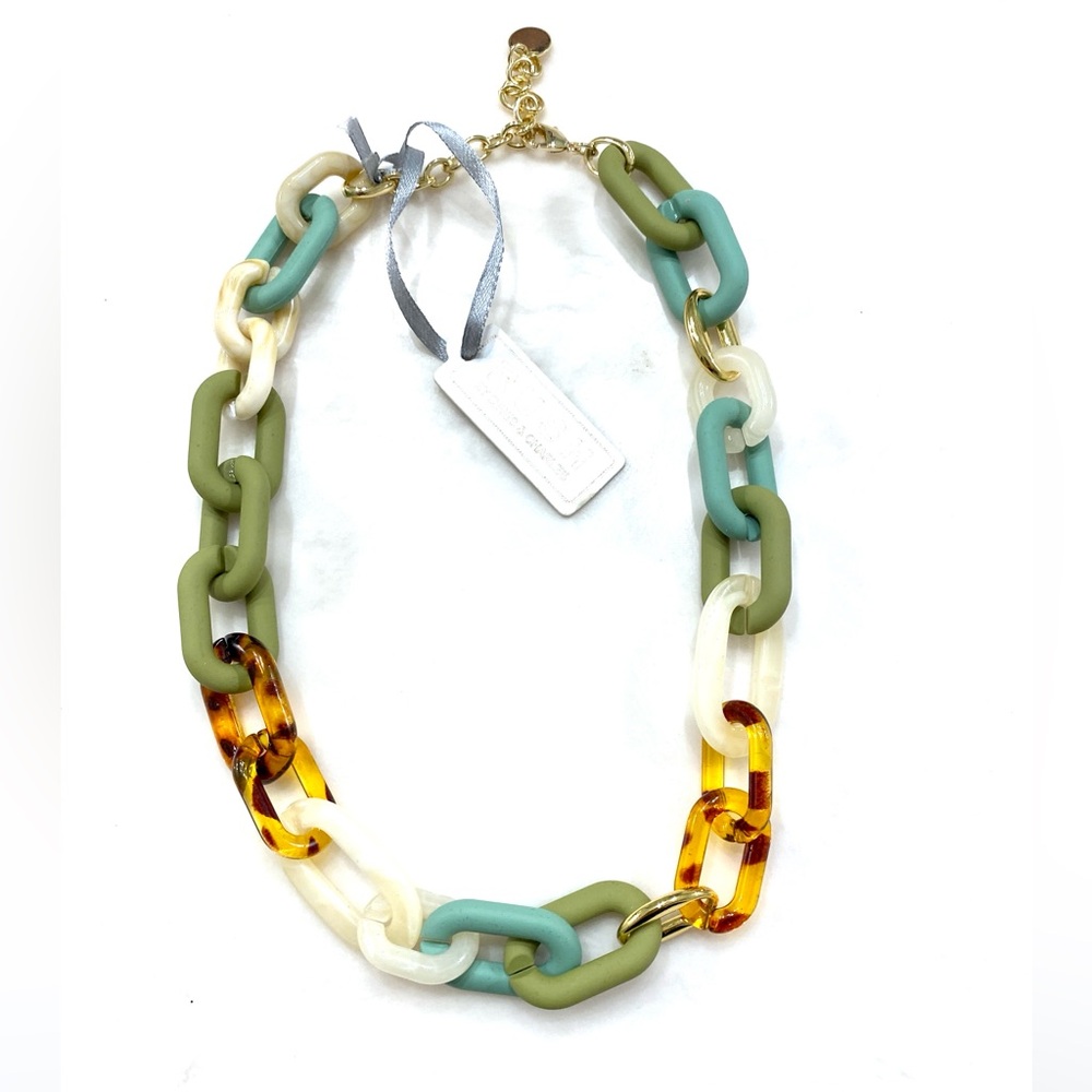 Colorblock Resin Link Necklace in Olive, Turquoise, Cream & Tortoiseshell